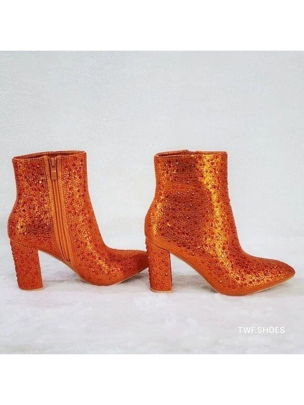 NIB Crystel Orange Rhinestone Block Heel Sparkling Ankle Boots - Picture 4 of 7